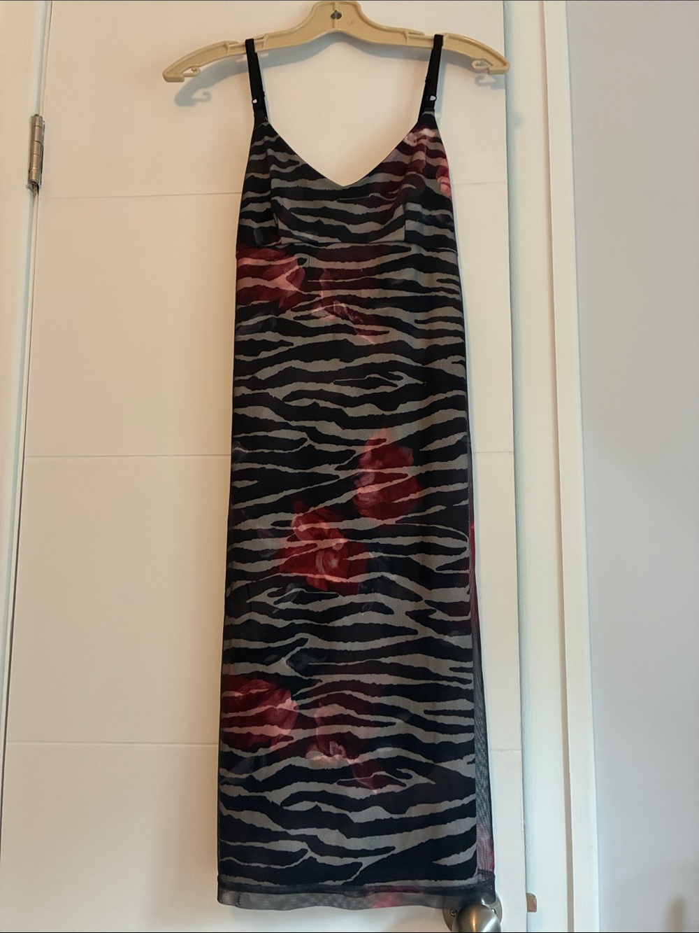Vintage 90’s Zebra-Print Slip Midi Dress with Red Floral Accents